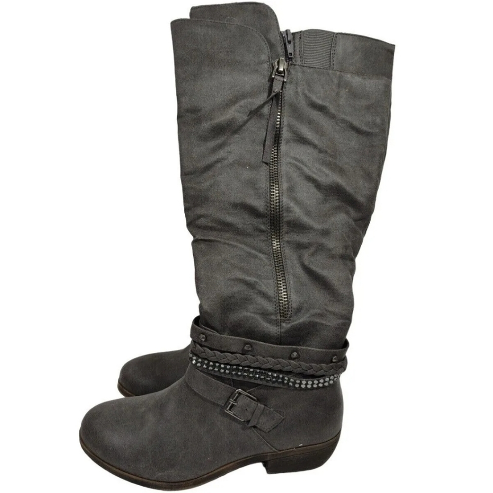 SO Calf-Length Boot Low Heel Women Gray Rhinestone Studded Zipper. Size 7.